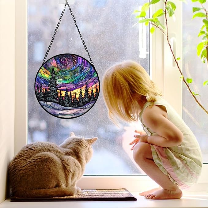 DASTOLL Stained Glass Window Hanging, Van Gogh Night Scene Sun Catchers Colorful Glass Panel Starry Sky Suncatcher Decor for Birthday for Women, Men, Wife, Aunt, and Mom 7.8 in