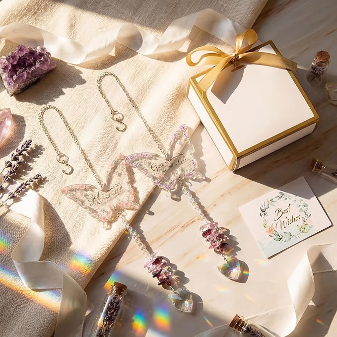 Didaey 2 Pcs Christian Crystal Butterfly Suncatchers Inspirational Religious Gifts for Women Pink Purple Windows Car Hanging Ornament with Greeting Card and Gift Box for Mom Friend Mother's Day