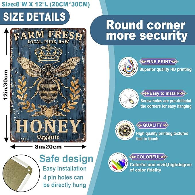 Farm Fresh Bee Honey Vintage Wall Decor Garage Home bar Wall Decoration gift 8 x 12 Inch