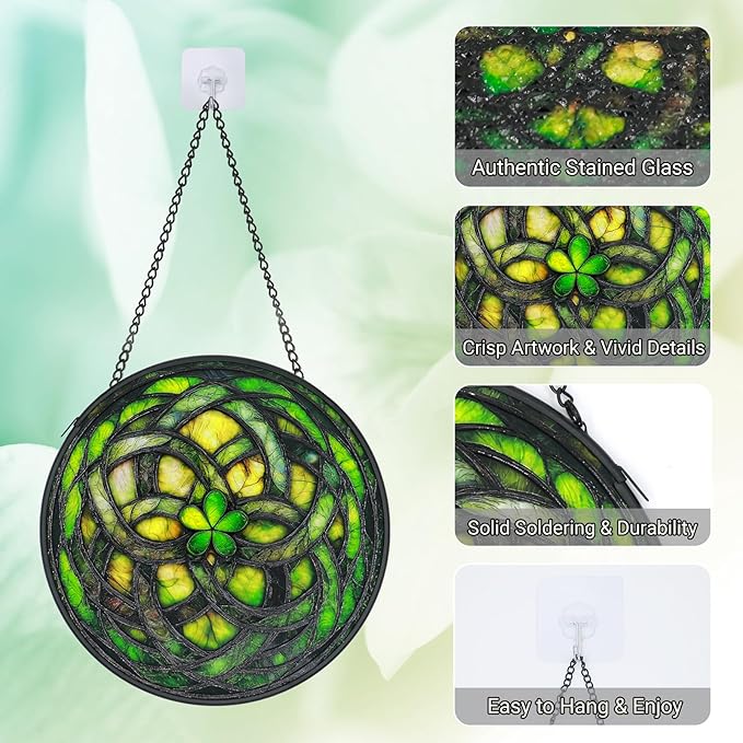 Stained Glass Windows Hanging - 6.3 Inch Shamrock Suncatcher, St Patricks Day Decorations for Window Home Door Wall Garden Outdoor and Mother's Day Birthday, Irish Gifts for Adults Women Men Mom