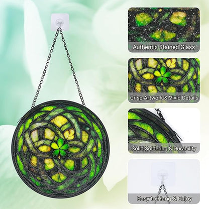 Stained Glass Windows Hanging - 6.3 Inch Shamrock Suncatcher, St Patricks Day Decorations for Window Home Door Wall Garden Outdoor and Mother's Day Birthday, Irish Gifts for Adults Women Men Mom