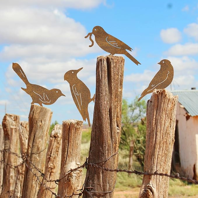 Rusty Metal Bird Silhouette Garden Decor - 5 Pack Metal Bird Art Fence Topper Decorations,Rustic Bird Sculptures for Outdoor Yard, Patio, Fence, Tree, Garden Gifts for Mom, Grandma, Bird Lovers