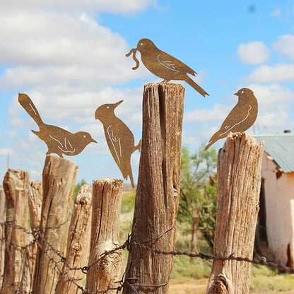 Rusty Metal Bird Silhouette Garden Decor - 5 Pack Metal Bird Art Fence Topper Decorations,Rustic Bird Sculptures for Outdoor Yard, Patio, Fence, Tree, Garden Gifts for Mom, Grandma, Bird Lovers