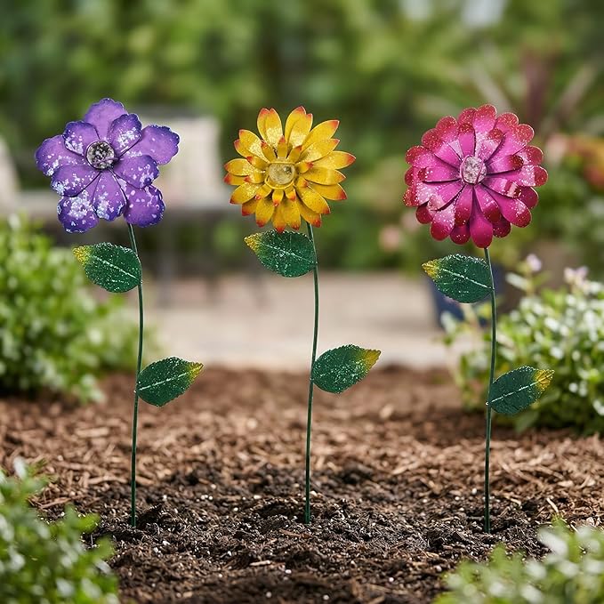 Topadorn 3 Pack Floral Garden Stake Outdoor Glow in Dark Plant Pick Waterproof Metal Flower Spring Decorations Lawn Yard Patio Art Stakes, Ornaments Gift for Garden Lovers