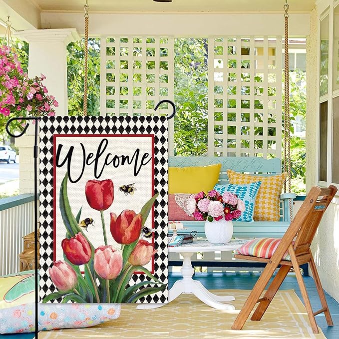 Baccessor Spring Tulip Welcome Garden Flag 12.5 x 18 Inch Double Sided Burlap Easter Floral Flowers Buffalo Plaid Small Yard Flag Summer Holiday Seasonal Outdoor Outside Decoration