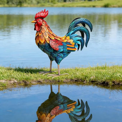 Shorayn Metal Rooster Statues Outdoor Garden Decor Metal Chicken Sculptures & Statues Chicken Ornaments Yard Art for Backyard Patio Lawn Decorations