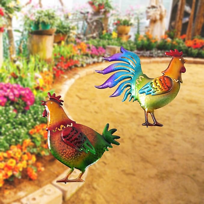 Colorful Rooster & Hen Garden Iron Stakes, Rustic Metal Garden Decor, Farm Animal Yard Art, Long-Lasting Outdoor Ornaments
