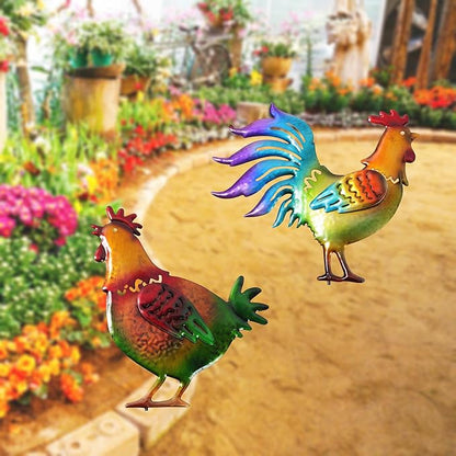 Colorful Rooster & Hen Garden Iron Stakes, Rustic Metal Garden Decor, Farm Animal Yard Art, Long-Lasting Outdoor Ornaments