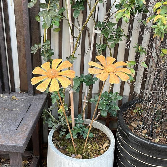 2 PCS Rustic Chamomile Garden Decor for Outside,Metal Flower Bed Decorations，Rusty Flower Art Spring Decor,Garden Stakes Decorative,Chamomile Outdoor Sculptures and Yard Art, Lawn Ornaments