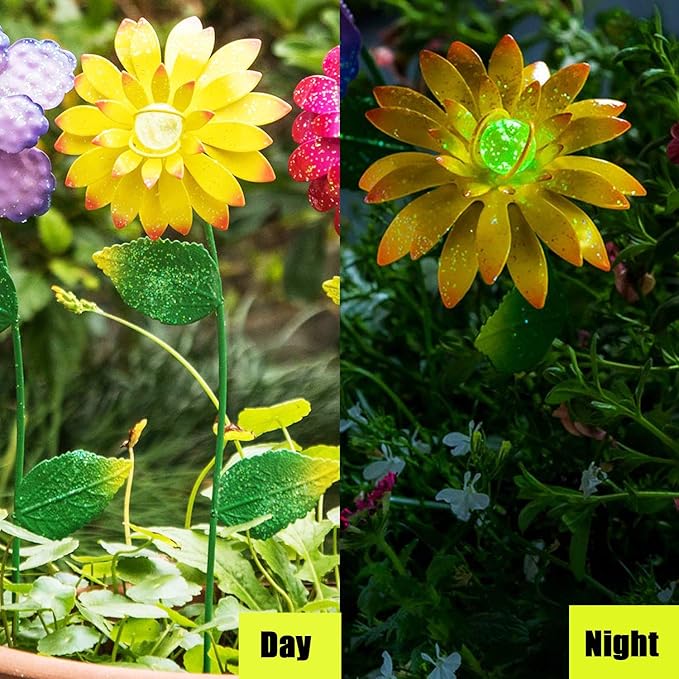 Flower Garden Stake Metal Outdoor Flower Garden Decor for Outside Yard Art Glow in Dark Yard Lawn Ornaments Decor,Set of 3,Colorful Flower