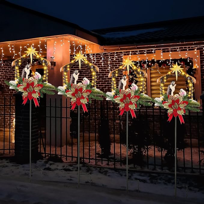 Moukeren 2 Pcs 2 Pcs 3.5ft Nativity Scene Outdoor Yard Stakes, Solar Lighted Outdoor Metal Christmas Nativity Scene Decoration for Christmas Holiday Lawn Garden Yard Decoration (Vivid)