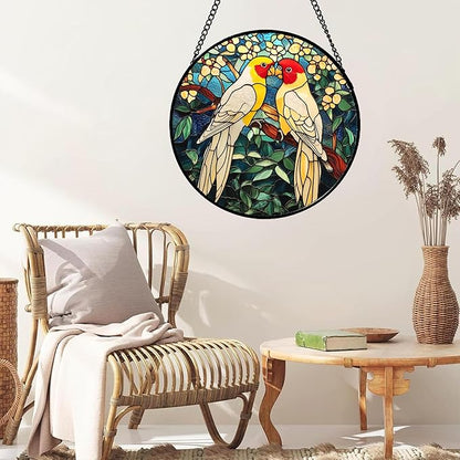 CHATYOUNG Stained Glass Window Hanging 2 Parrots Yellow Flowers Large 15" - Suncatcher Door Garden Sunroom Bird Sun Catcher Home Decor Mother's Day Birthday Christmas for Mom Men Woman Nana