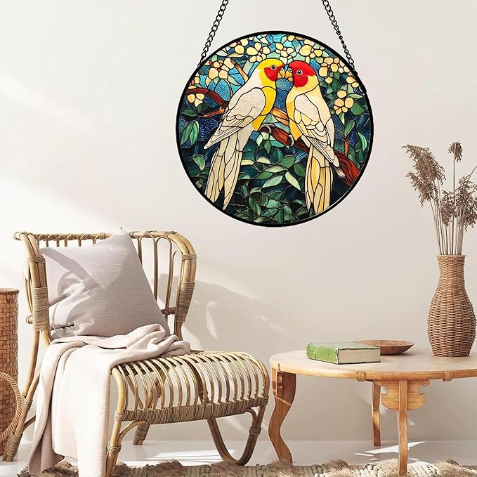 CHATYOUNG Stained Glass Window Hanging 2 Parrots Yellow Flowers 9.8" - Suncatcher Door Garden Sunroom Bird Sun Catcher Home Decor Mother's Day Birthday Christmas for Mom Men Woman Nana