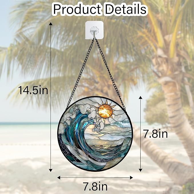 DASTOLL Stained Glass Window Hanging, Blue and White Waves Suncatcher Diamond Glass Panel Landscape Sun Catchers Decor for Birthday for Women, Men, Wife, Aunt, and Mom 7.8 in