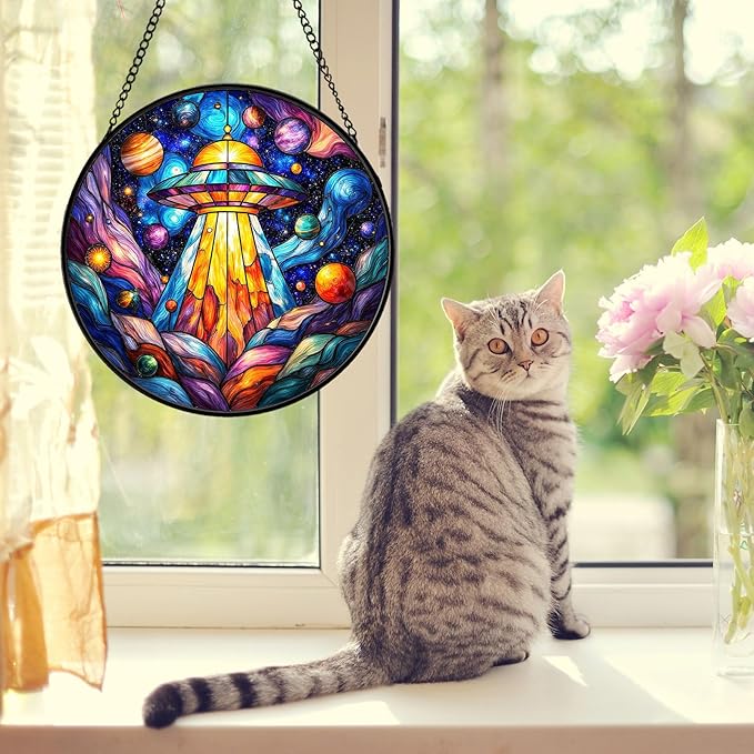 UFO Stained Glass Suncather for Window Hanging, 6.3'' Cosmic Alien Spaceship Ornament Gift for Women, Galaxy Wall Art Home Decor Gift for Sci-Fi Lovers & Dreamer (Blue Galaxy, 6.3'')
