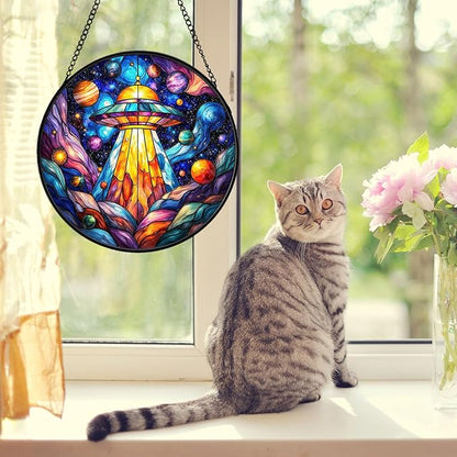 UFO Stained Glass Suncather for Window Hanging, 6.3'' Cosmic Alien Spaceship Ornament Gift for Women, Galaxy Wall Art Home Decor Gift for Sci-Fi Lovers & Dreamer (Blue Galaxy, 6.3'')