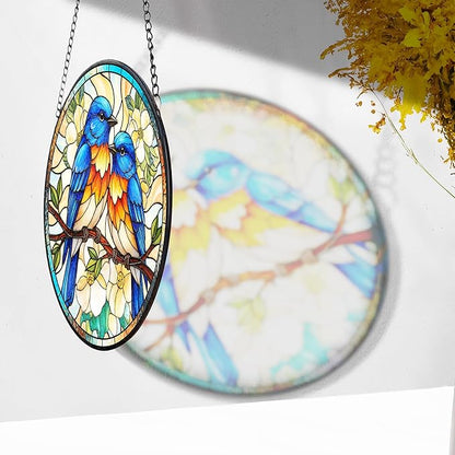 7.8" Bluebird Suncatcher Stained Glass Window Hanging Blue Bird Sun Catchers Birds Lover Ornament Wall Home Room Door Garden Decor Birthday for Nature Lovers Women Mom