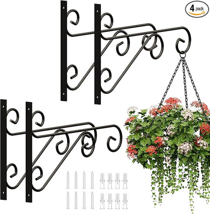 PROWORX 4 Pack 16 Inch Plant Hangers Outdoor Bracket, Indoor Wall Mount Metal Heavy Duty Rust-Resistant Bird Feeder Plant Hooks for Hanging Planters, Flower Baskets, Black