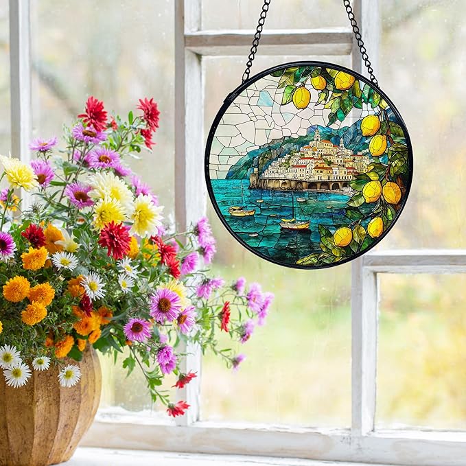 Italian Lemon Amalfi Coast Suncatchers Stained Glass Window Hanging, Summer Beach Lemon Sun Catchers Indoor Window Glass Round Wall Decor, Mediterranean Wall Hanging Decorations, 7.9x7.9in