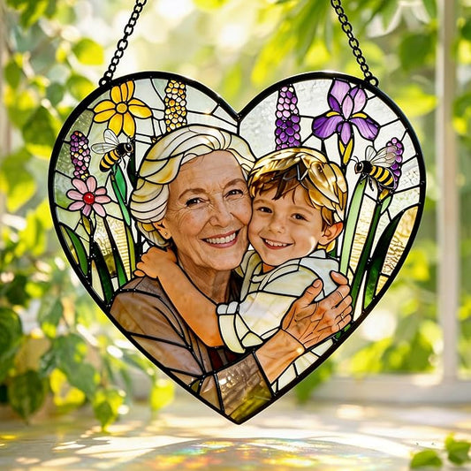 Personalized Grandma Photo Stained Glass Sun Catcher, Customized Family Suncatcher Window Hanging Ornament, Custom Picture Mother's Day Mom Mother in Law, Garden Birthday