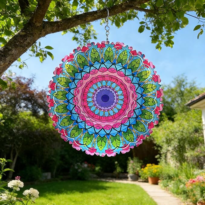 Mandala Metal Wind Spinner Outdoors - Large 12 Inch 3D & Indoor Hanging Decor, Garden & Yard Ornament | Unique Kinetic Sculpture Gift for Women, Boho Porch & Lawn Decor - Christmas Thanksgiving Gift
