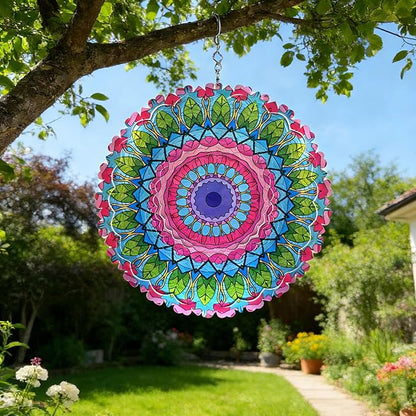 Mandala Metal Wind Spinner Outdoors - Large 12 Inch 3D & Indoor Hanging Decor, Garden & Yard Ornament | Unique Kinetic Sculpture Gift for Women, Boho Porch & Lawn Decor - Christmas Thanksgiving Gift