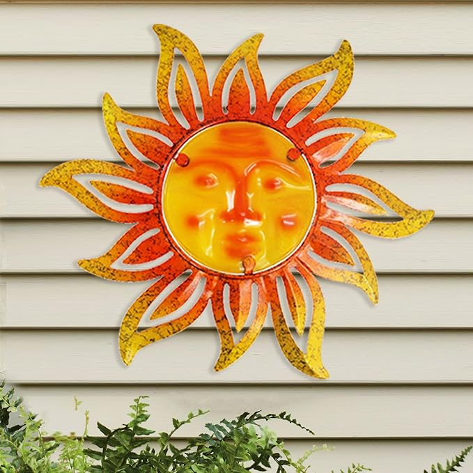 Metal Sun Wall Art Decor,12 Inch Retro Hanging Decor With Glass,Sun Face Valentine Wall Decorations For Patio Yard Garden Fence Living Room Bedroom