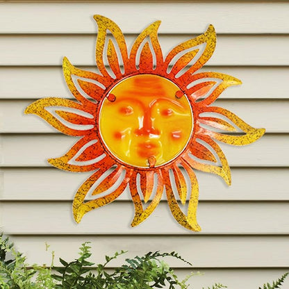 Metal Sun Wall Art Decor,12 Inch Retro Hanging Decor With Glass,Sun Face Valentine Wall Decorations For Patio Yard Garden Fence Living Room Bedroom