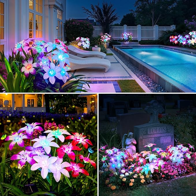Ahaorigin Solar Garden Lights Outdoor, 4 Pack Blooming Lily Solar Flowers Outdoor Waterproof, 7 Color Changing Bigger Flower Lights for Yard Patio Decor, Gift for Mom
