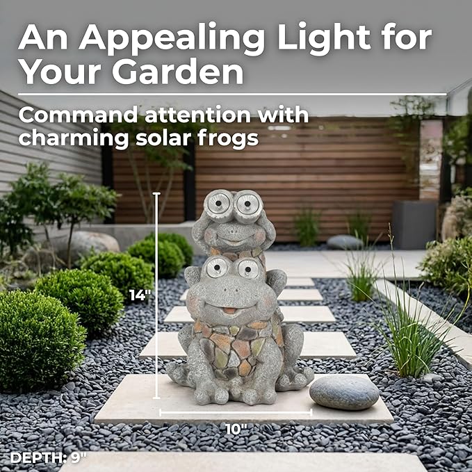 Frogs Piggy Back Ride with Solar Eyes Statue for Garden Decor - Stone Like Figurine for Front Porch, Outdoor Garden, Patio, and Yard Decor - Sculptural Yard Art for Entryway - 14", Gray & Yellow