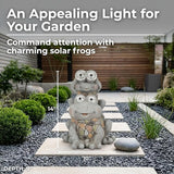 Frogs Piggy Back Ride with Solar Eyes Statue for Garden Decor - Stone Like Figurine for Front Porch, Outdoor Garden, Patio, and Yard Decor - Sculptural Yard Art for Entryway - 14", Gray & Yellow