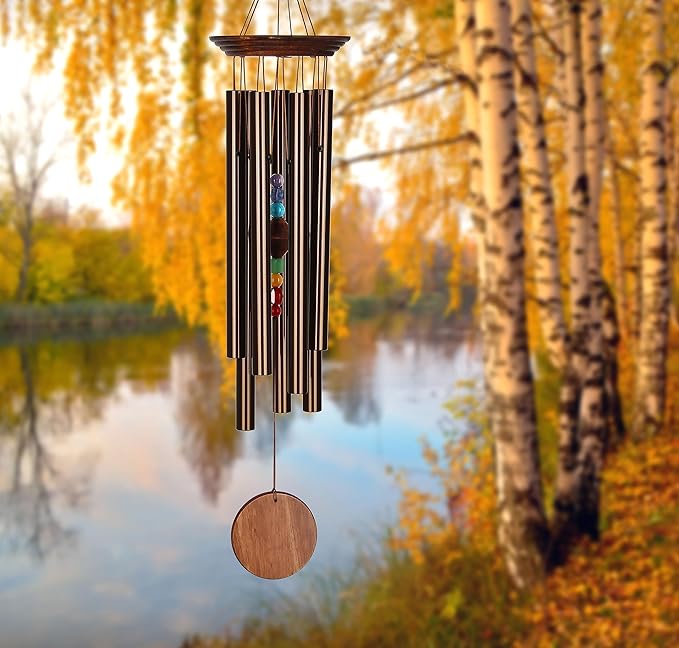 Woodstock Wind Chimes for Outside, Garden, Patio, Porch, Outdoor Decor, Meditation Yoga, Awareness and Relaxation (24") Woodstock Chakra Chime Seven Stones Large Size Bronze Wind Chime Gifts (CC7LBR)