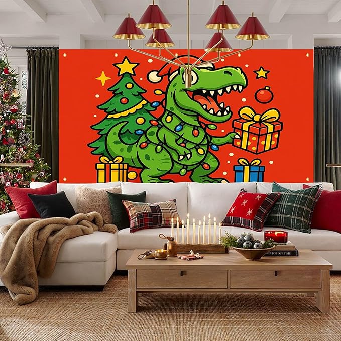 HOMETITUTE Christmas Garage Door Banner 13x6ft Dinosaur T-Rex Theme Backdrop Seasonal Christmas Decor Winter Door Cover Banners for Outside Garage Wall Covering for Party Garage Decorations