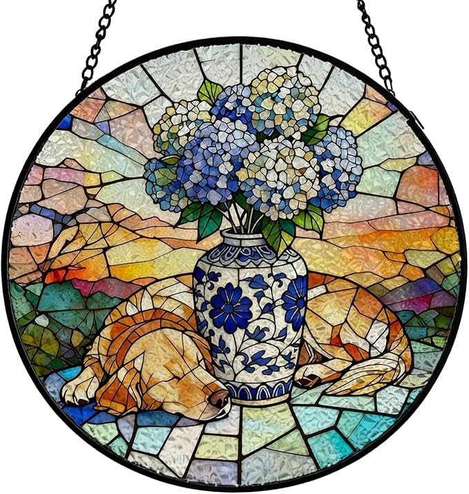 Chinoiserie Hydrangea Golden Retriever Stained Glass Window Hanging, Sleep Dog Flower Suncatcher Indoor Window Glass Round Wall Art Decor, 7.9x7.9 Inch
