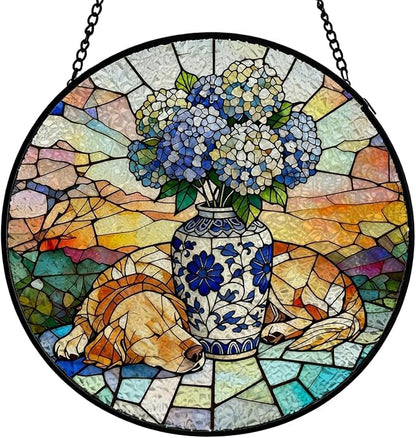 Chinoiserie Hydrangea Golden Retriever Stained Glass Window Hanging, Sleep Dog Flower Suncatcher Indoor Window Glass Round Wall Art Decor, 7.9x7.9 Inch