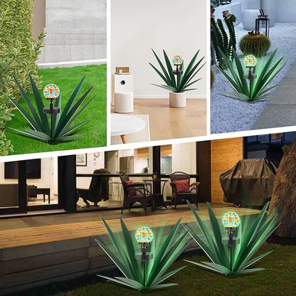 TOMBABY Enlarge Metal Plants Tequila Rustic Sculpture, Outdoor Patio Yard, Home Decor Hand Painted Agave Garden Statue, Outdoor Lawn Ornaments Yard Stakes for Mom Gift (2 Solar Green)