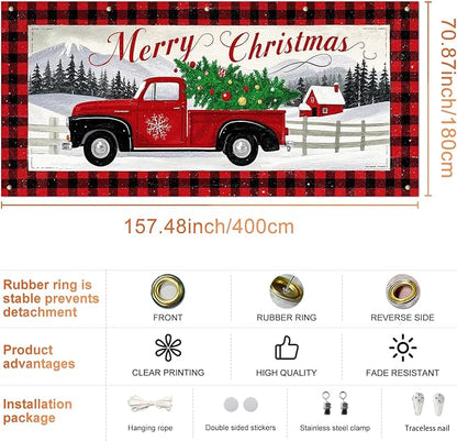 IVN Vintage Red Truck Christmas Tree Mountain Scene Garage door banner Door Cover Indoor And Outdoor Studio Background Hanging Decoration 13x6ft