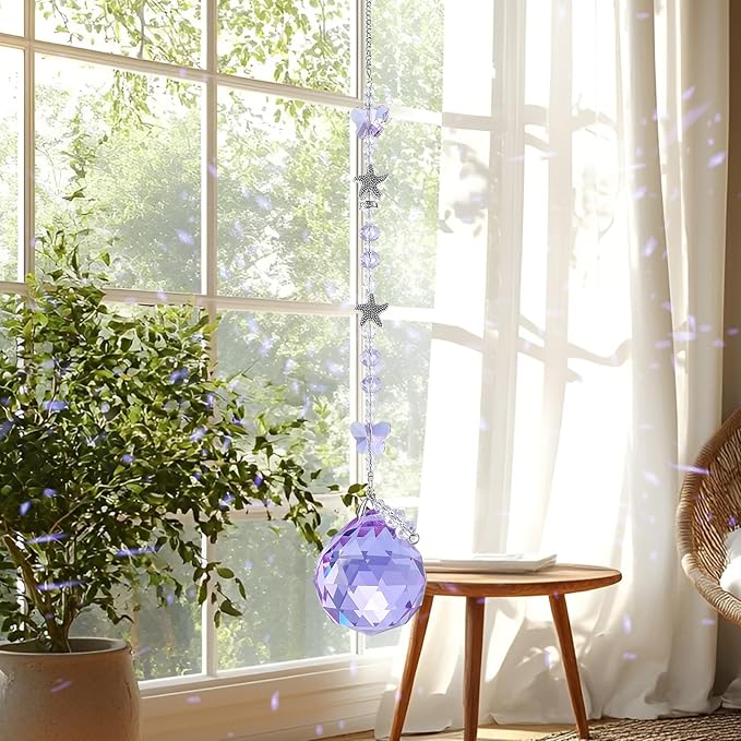 Crystal Suncatcher Hanging Purple Glass Sun Catcher Butterfly Glass Beads 40mm Prism Ball Pendant for Windows, Garden Decor Rainbow Maker Gifts for Christmas