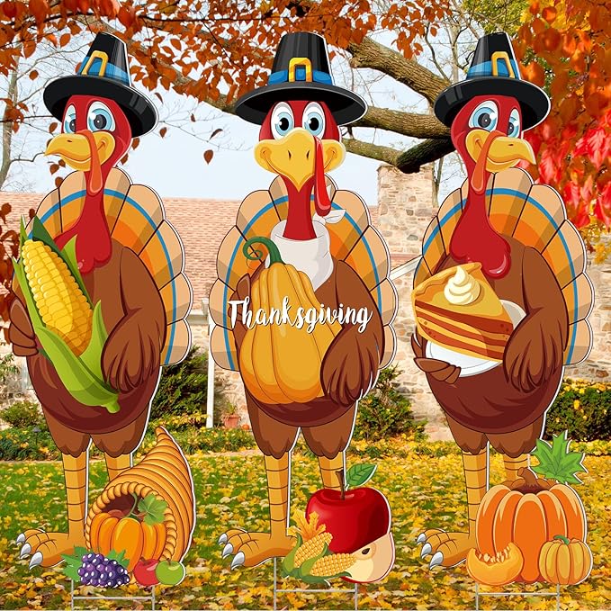 Umigy 3 Pcs Thanksgiving Yard Sign Gobble Turkey Garden Decor with Stakes 32 x 10 Inch Harvest Turkey Outdoor Lawn Sign Thanksgiving Yard Decor Garden Decoration Outside for Home Pathway Walkway