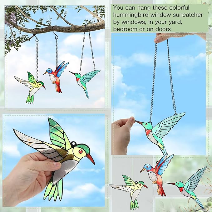 3 Pieces Hummingbird Stained Glass Gift Window Hanging Ornament Suncatcher Window Decoration for Women Mom Bird Lovers Valentines Mother's Day Christmas