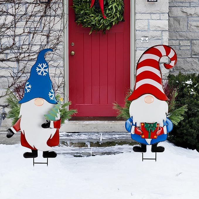 Hausse 2 Pack Garden Metal Gnome Stakes, 33 Inch Christmas Decorative Gnomes Stakes, Yard Signs for Outdoor Decorations, Holiday New Year Spring Home Tomte Decor for Lawn Pathway Patio