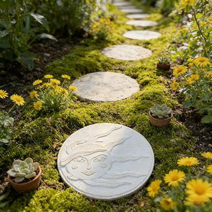 Sun Face Garden Stepping Stone- Round 12-Inch Decorative Concrete Stone, Pure Color for Outdoor Pathways Celestial Sun Face Cynkeyee