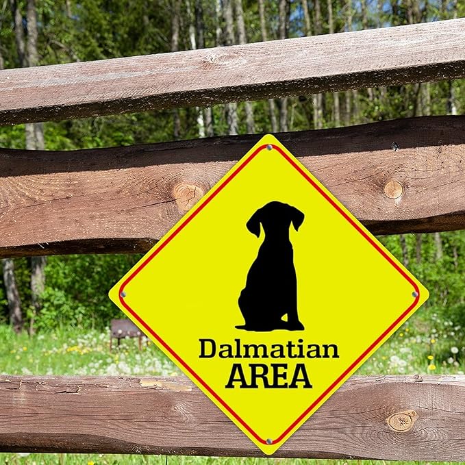 Warning Dalmatian Area Metal Tin Sign Dalmatian Dog Caution Crossing Xing Street Sign Yellow Diamond Shape Funny Metal Sign For Indoor Outdoor Highway12x12in