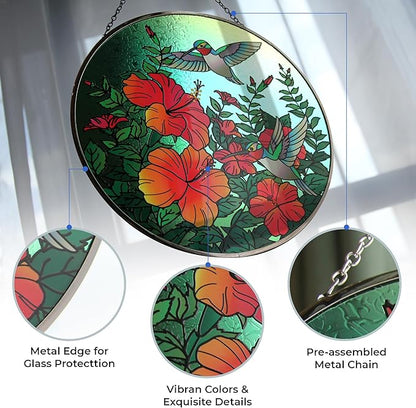 Hanway Suncatcher in Colorful Stained Glass 12" Dia - Genuine Brightly Colored Glass, Protective Metal Edge, Ready to Use Hanging Chain, for Window, Garden (Butterfly) (Hummingbird)