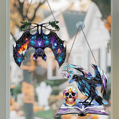 2 Halloween Decorations Bat Raven Acrylic Suncatchers, 6" Window Hanging Bat Gothic Decor, Spooky Raven Halloween Ornament Gifts, Idea Gifts Holiday Keepsake, Scary Home Indoor Outdoor Display SS344