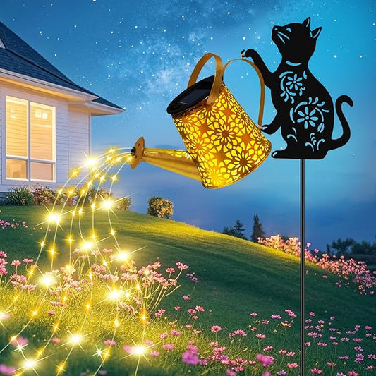 ZFNN Solar Garden Decor Lights, Outdoor Waterproof Solar Watering Can with Cascading Lights, Metal Cat Silhouette Stake Yard Art for Outside Lawn Patio, Unique Gardening Gifts for Women Mom