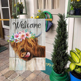 Heyfibro Welcome Summer Highland Cow Garden Flag 28x40 Inch Double Sided Burlap, Farmhouse Floral Cow Yard Decor Spring Summer Flowers Porch Flag for Rustic Seasonal Outdoor Decoration(ONLY FLAG)