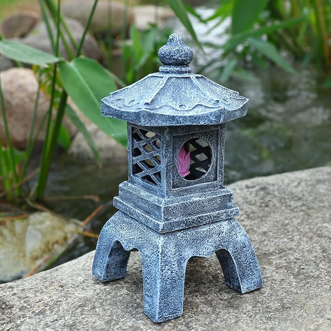13 Inch Solar Pagoda Lantern Outdoor Statue, Pagoda Sculpture with Solar Lotus Light Asian Decor Zen Garden Art Japanese Temple Pagoda Lamp for Patio Yard Lawn Home Decorations Ornament Gift