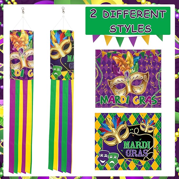 NOVWANG 2 Pieces Mardi Gras Wind Sock, 40 Inch Wind Socks Mardi Gras Outdoor Decorations Purple Green Yellow Holiday Windsock Flags for Yard Garden Home Party Hanging Decor