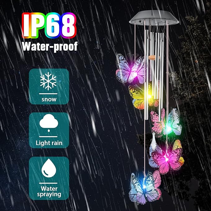 Solar Butterfly Wind Chimes, Color-Changing, Outdoor, Solar-Powered, 9.5 x 5.25 x 2 inches